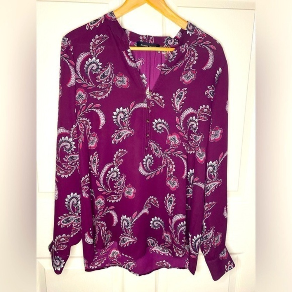 Ivanka Trump Purple Long Sleeve Blouse, Paisley Print, Office Top